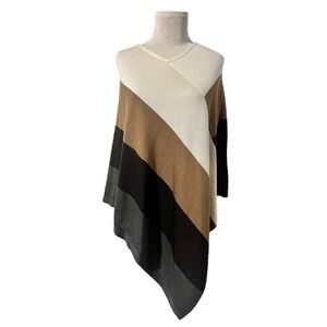 Ellen Tracy Women's Colorblock Knit Poncho Wool Blend Neutral Asymmetrical